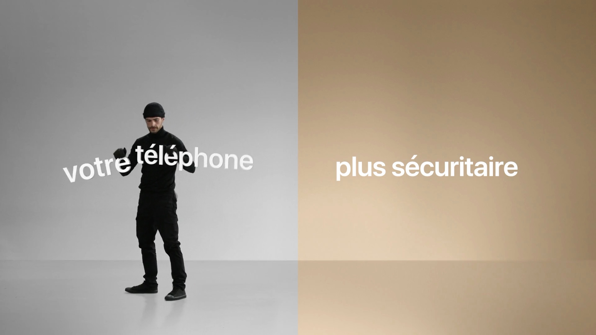 French on-screen typography arranged around a performer in a split composition.